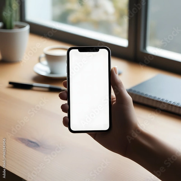 Fototapeta Minimalist Smartphone Mockup in Hand with Blank Screen on Wooden Desk Workspace
