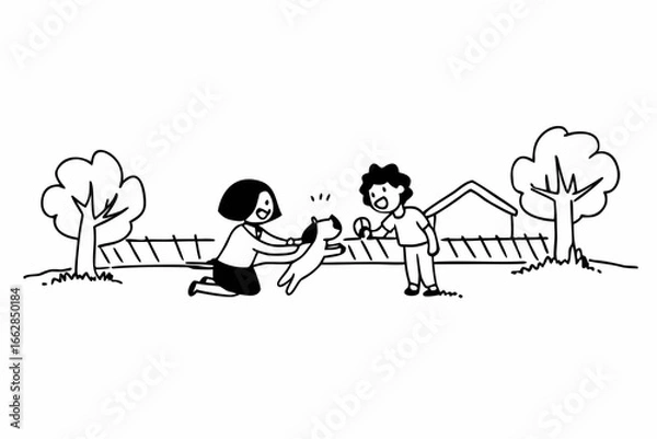 Fototapeta Family fun: Mom, son and dog playing fetch in a backyard on a sunny afternoon