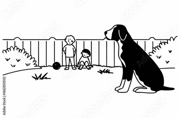 Fototapeta Happy kids play ball in backyard while loyal family dog watches over them lovingly