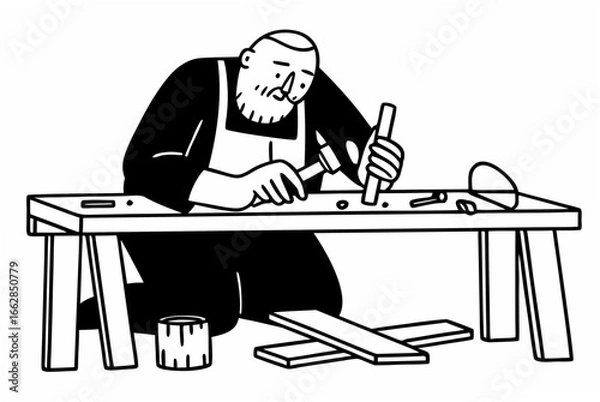 Obraz Craftsman shaping wood with hammer and chisel, woodworking project in workshop studio