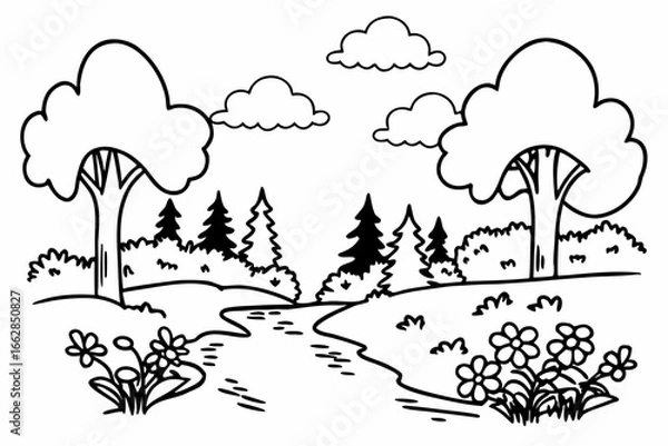 Obraz Whimsical black and white nature scene with trees, flowers, and river for coloring fun