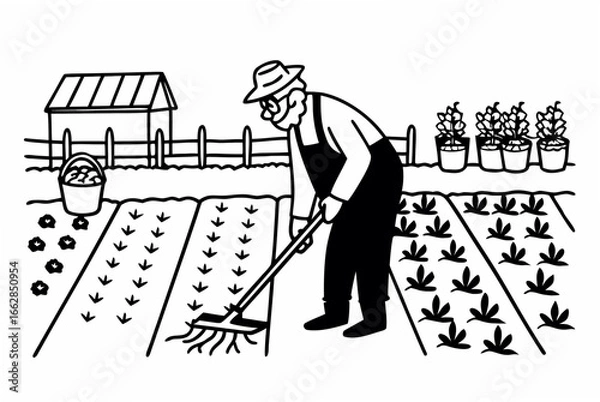 Obraz Farmer tending to rows of crops with seedlings in a garden, offering rural charm