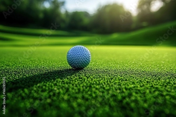 Obraz Close-up of a golf ball resting on a well-manicured green golf course under soft natural sunlight with blurred trees in the background
