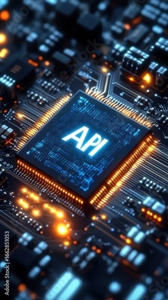 Obraz Close-up of a glowing microchip with the text API on a dark circuit board illuminated in blue and orange lights representing technology and connectivity