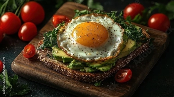 Obraz Toast topped with mashed avocado, fresh greens, and a sunny-side-up egg sprinkled with black pepper, surrounded by cherry tomatoes on a wooden board