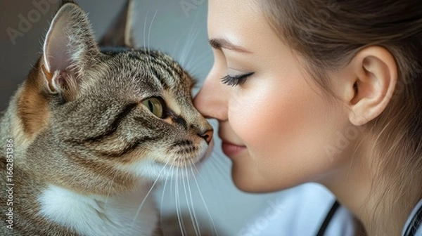 Obraz Close-up of a woman gently touching noses with a tabby cat showing affection and calm connection
