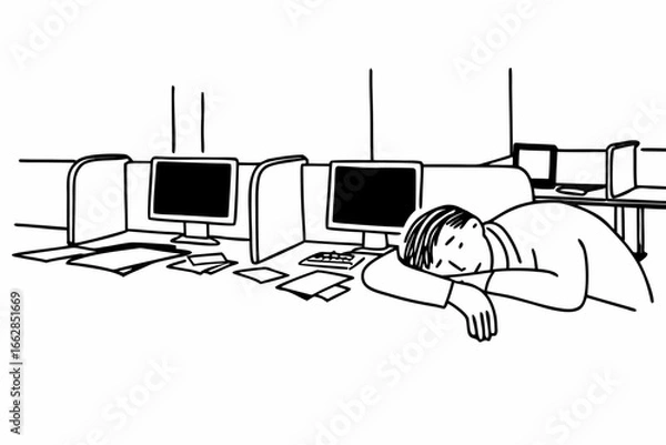 Fototapeta Exhausted employee asleep at his office desk after working hard, needing rest badly