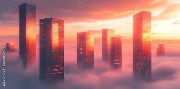 Fototapeta Skyscraper Cityscape Emerging from Clouds at Sunset