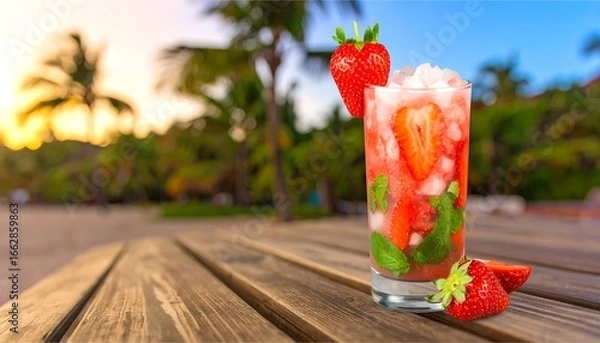 Fototapeta Tropical strawberry cocktail on beach