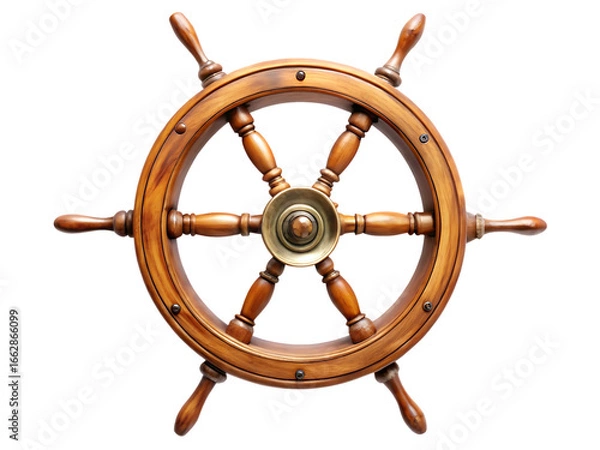 Fototapeta Vintage Wooden Ship Steering Wheel with Brass Hub on Background graphic design isolated on a transparent background