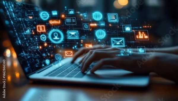 Fototapeta Hands typing on a laptop keyboard with glowing blue and orange digital icons and data visualizations floating above, symbolizing communication and technology