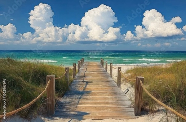Fototapeta Wooden walkway bordered by rope fences leading through sand dunes with grass towards a turquoise ocean under a blue sky with large fluffy white clouds