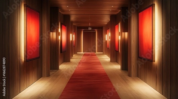 Fototapeta Luxurious Hotel Hallway with Red Carpet and Artwork