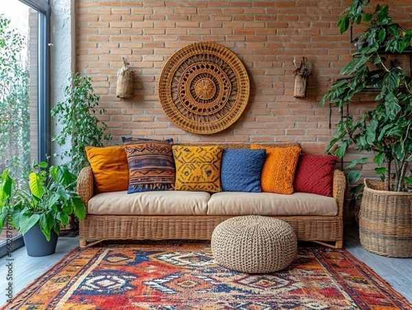 Fototapeta Boho Living Room Interior with Rattan Sofa and Plants