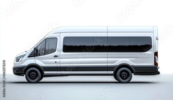 Fototapeta Side view of a modern white passenger van with tinted windows and black wheels on a plain background