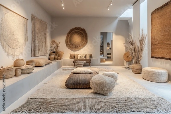 Fototapeta Beige Interior Design with Textural Rugs and Wall Decor
