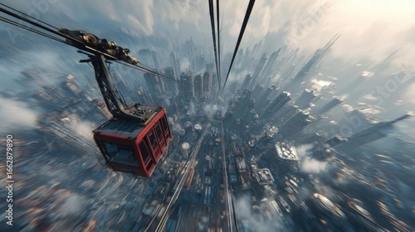 Obraz Cable Car Flying Over Futuristic City Generative AI