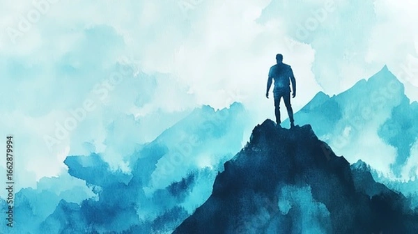 Obraz Man standing on mountain peak overlooking landscape