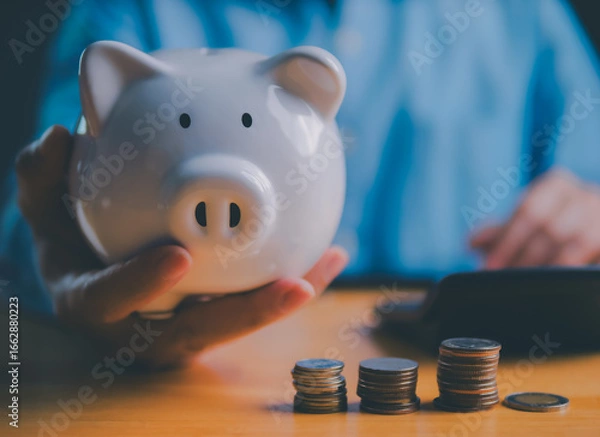 Obraz Close up of hand holding piggy bank with stacked coins on wooden table, symbolizing savings, financial planning, investment growth, money management, and smart economic budgeting