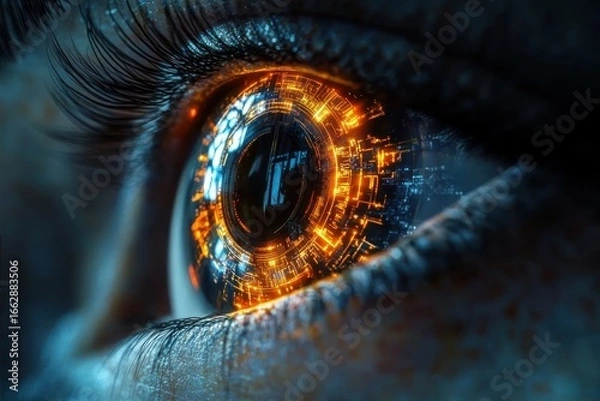 Fototapeta Close-up of a human eye with intricate glowing orange and blue digital circuit patterns reflecting in the iris, symbolizing technology and futuristic vision