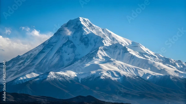 Fototapeta Majestic Mountain Peak: A striking image captures the grandeur of a snow-covered mountain peak reaching towards a clear, cerulean sky, showcasing the raw power of nature and perfect for travel.