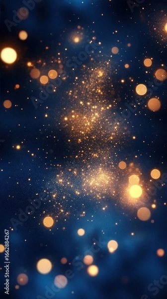 Fototapeta Abstract glowing golden particles scattered against a deep blue background creating a magical, dreamy atmosphere resembling stars or fairy dust