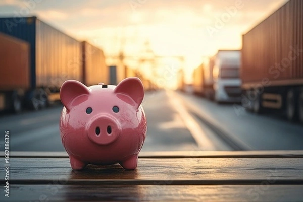 Fototapeta Close-up of a pink piggy bank on a wooden surface with a blurred background of trucks and shipping containers at sunset, evoking themes of savings and logistics
