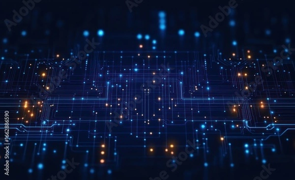 Fototapeta Glowing blue and orange digital circuit board with interconnected pathways and nodes representing technology and data flow in a dark futuristic environment