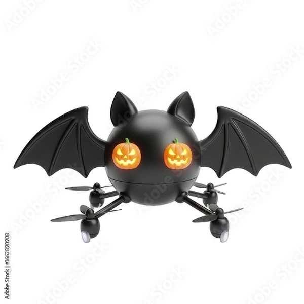 Fototapeta Innovative Halloween-themed drone in the shape of a bat with glowing pumpkin-like eyes, perfect for festive seasonal decorations and playful aerial displays