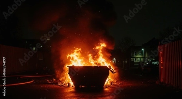 Fototapeta A dumpster engulfed in flames at night, with smoke billowing upwards against a dark sky.