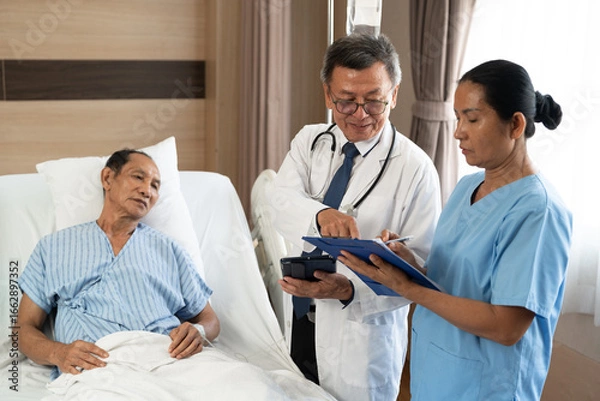 Fototapeta Doctor or consulting patient with tablet in checkup for medical results