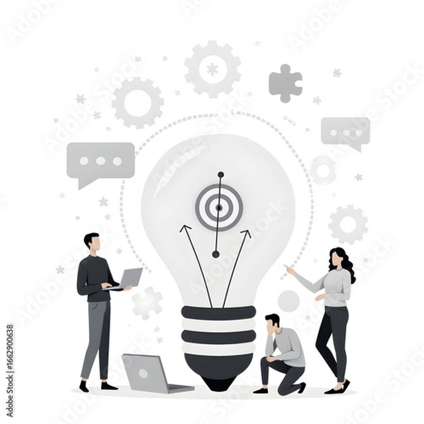 Fototapeta Innovative Ideation: A team collaborates, brainstorming around a central lightbulb, symbolizing innovative ideas and collective problem-solving in this conceptual illustration. 