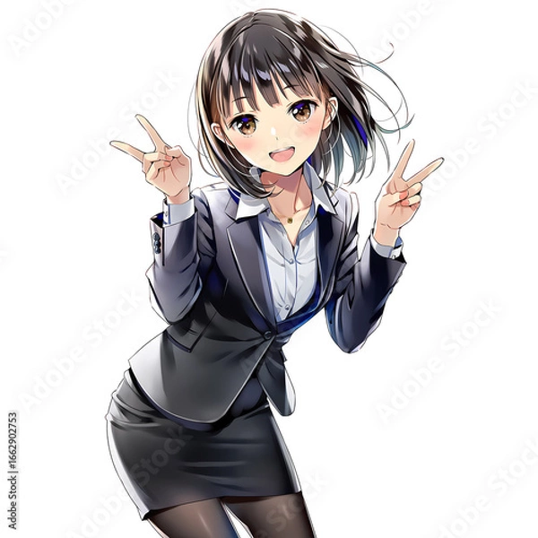 Obraz Vサインするビジネスウーマン02（漫画・アニメ調）