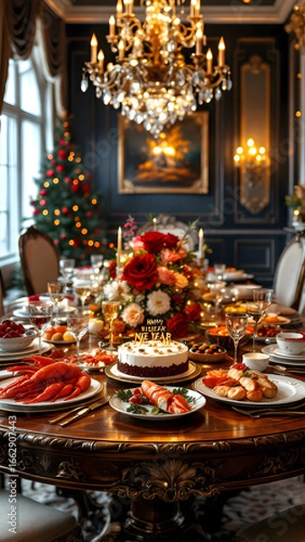 Obraz A lavishly decorated dining table set for a new year's celebration with food and a christmas tree