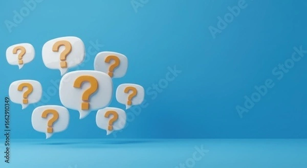 Fototapeta Rendered image of white speech bubbles with golden question marks floating against a blue background.