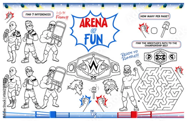 Fototapeta Festive placemat for kids. Printable sheet "Arena of fun" with a labyrinth, find differences, and a coloring page. 17x11 inch printable vector file