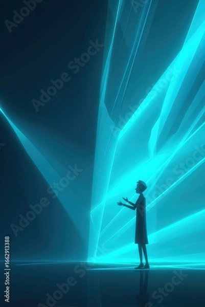 Fototapeta Futuristic technology concept art displaying a silhouetted figure illuminated by blue laser beams representing innovation and advanced digital landscape