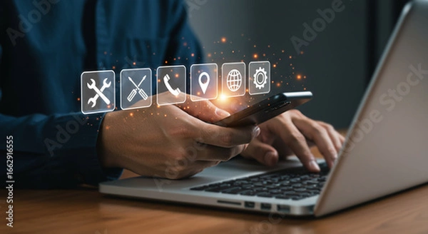 Obraz Customer support and technical service on mobile phone and laptop.

