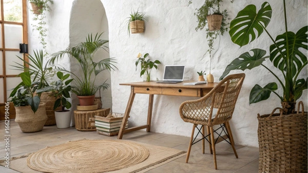Fototapeta A stylish workspace features a wooden desk and a comfortable chair, surrounded by vibrant indoor plants. Natural light fills the room, creating a serene atmosphere