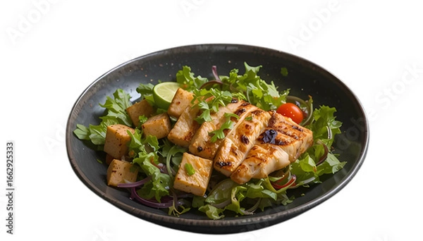 Fototapeta Fresh Salad with grilled Chicken and Tofu in Bowl isolated on white and transparant background.