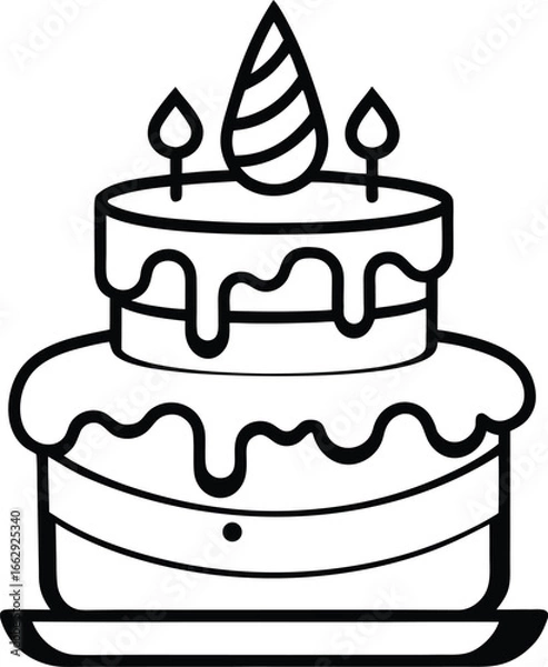 Fototapeta "Birthday Cake Icon – Outline Layered Dessert with Candles, Drip Icing, and Party Hat"