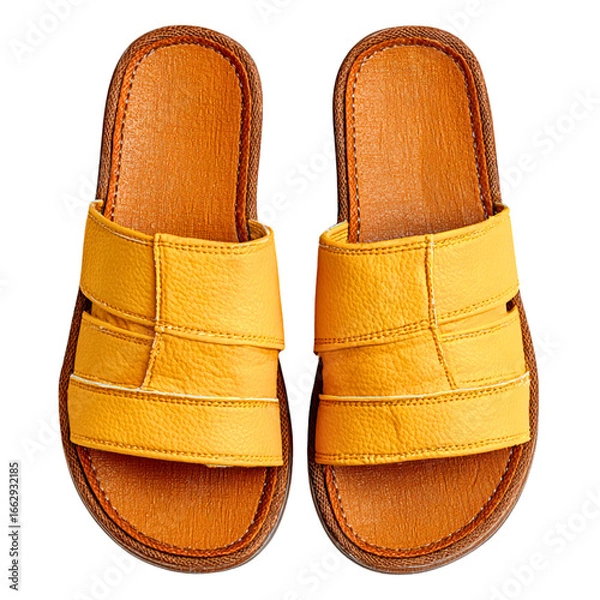 Fototapeta A pair of rustic brown leather slip on sandals with woven straps isolated on a white or transparent background