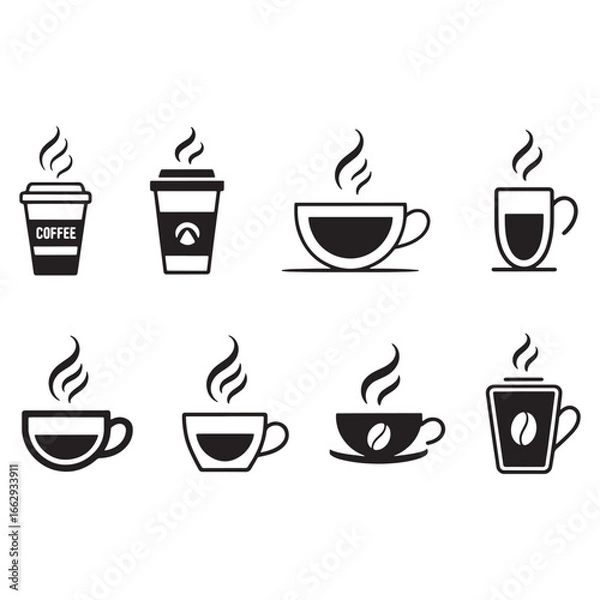 Fototapeta A collection of black coffee cup and mug icons in various styles, including takeaway cups, for cafe and restaurant menus, vector illustration