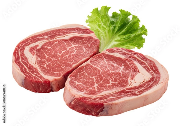 Fototapeta  Raw beef steaks with lettuce, white background isolated