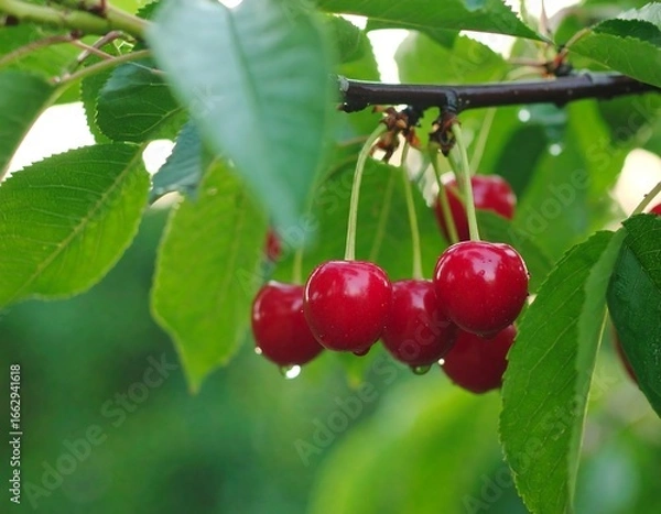 Obraz Ripe cherries hanging from a branch