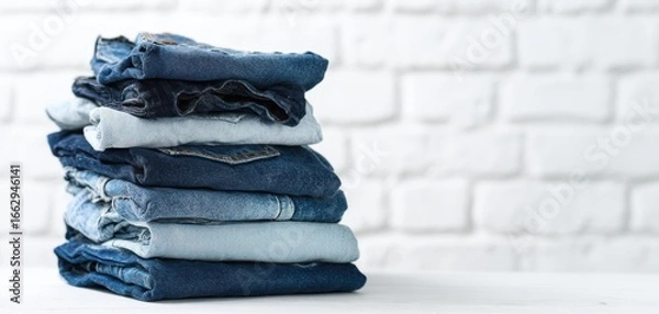 Fototapeta The stack of neatly folded denim jeans on a clean background.