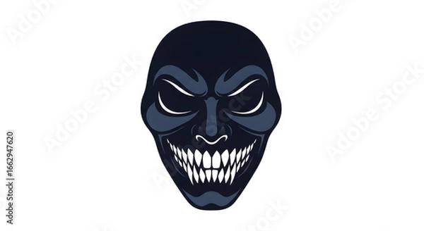 Fototapeta Sinister monster mask with a horrifying grin and glowing eyes. Flat vector icon for horror or Halloween themes