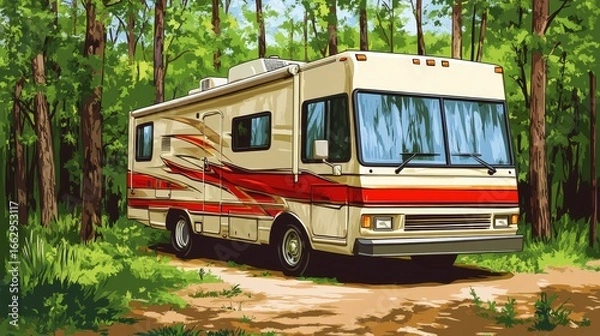 Fototapeta Vintage RV in a Serene Forest Setting Surrounded by Lush Trees
