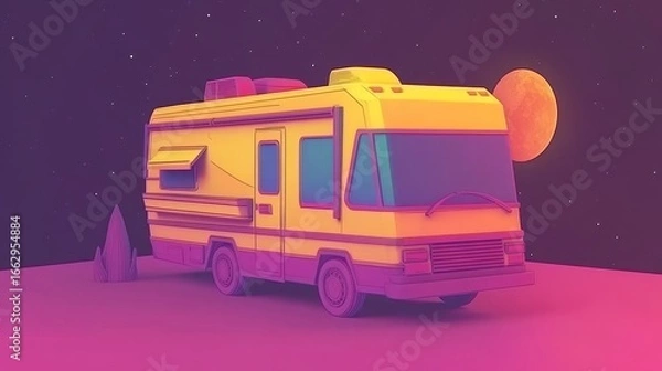 Fototapeta Retro RV in a Neon Landscape with Moon and Stars