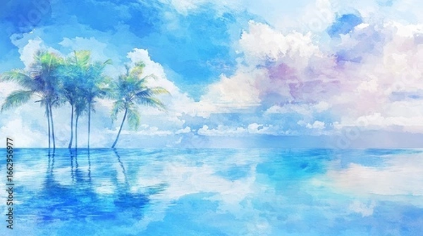 Fototapeta Serene Tropical Paradise with Palms and Reflections Under Blue Sky